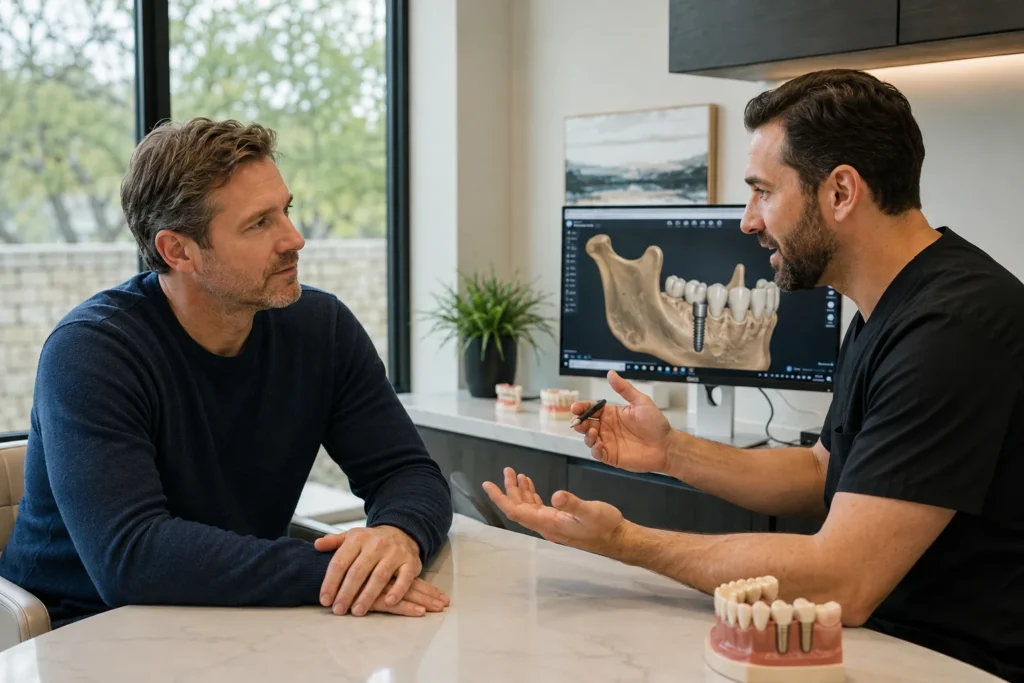 Periodontist explaining bone graft failure and next steps to a patient in Highland Village TX using a 3D dental implant model
