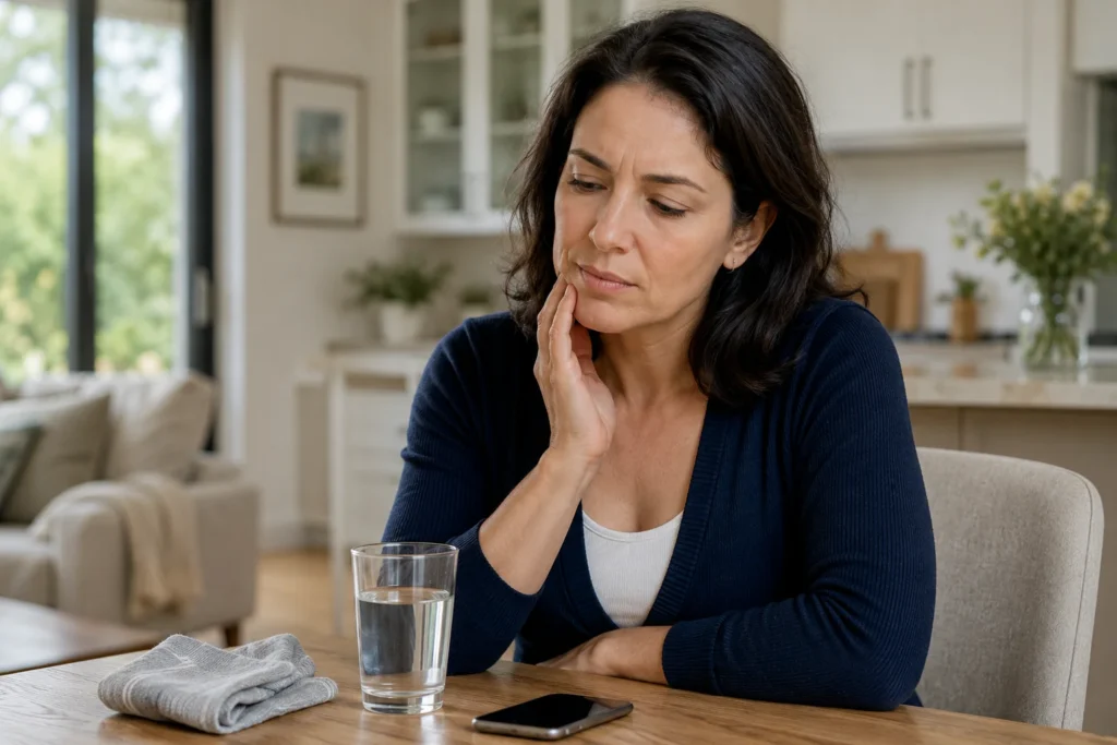 Woman experiencing sudden gum pain at home wondering what is causing her sore gums in Highland Village TX